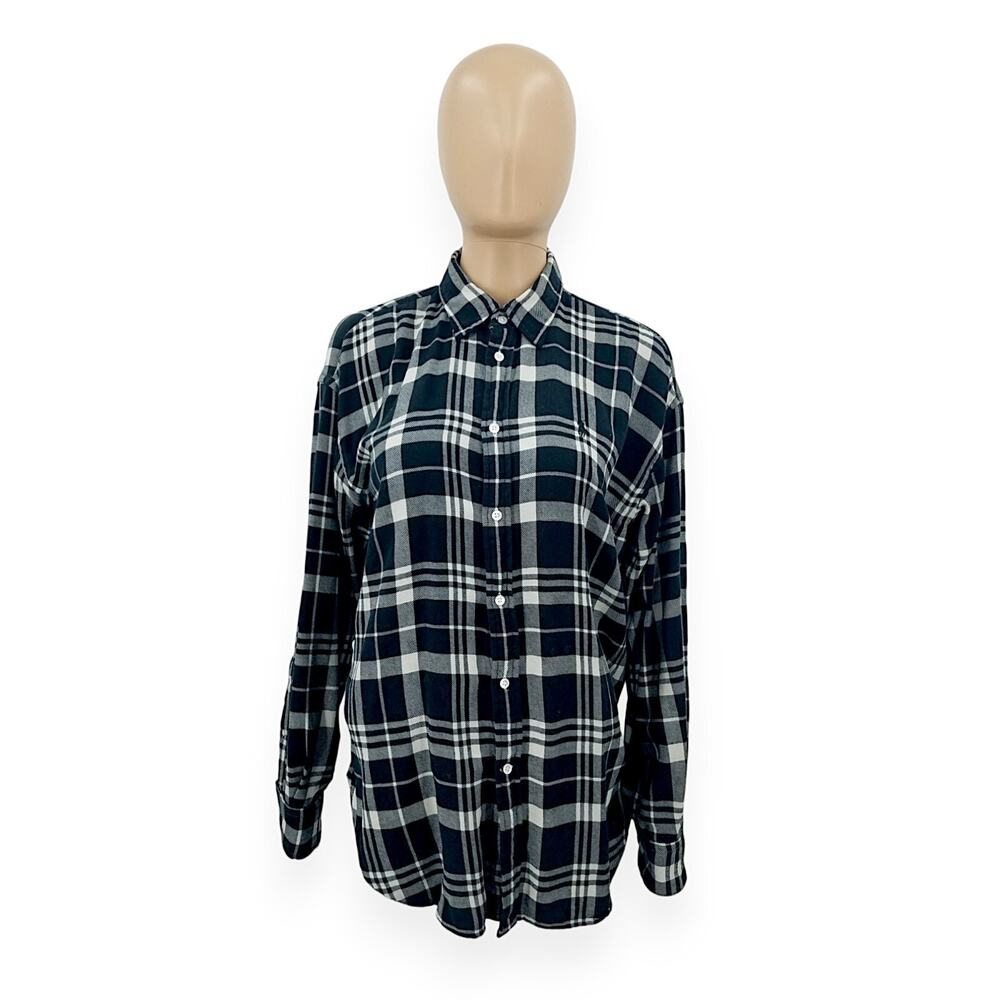 Polo Ralph Lauren Black White Plaid Boyfriend Fit Flannel Cotton Shirt Size 8